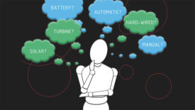 PME March 2024 Lowell Manalo column feature image of robot figure with the words 'Solar?', 'Turbine?', 'Automatice?', 'Hard-wired?', and 'Manual?' in blue and green comment clouds.