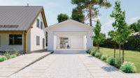 Open door of a white modern garage with a concrete driveway, next to the main house at the urban district.