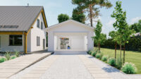 Open door of a white modern garage with a concrete driveway, next to the main house at the urban district.