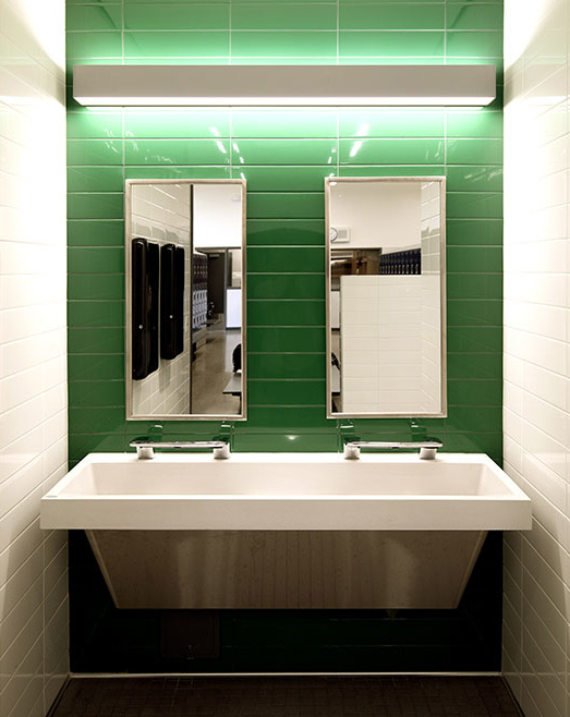 Kathleen MacDonald High School bathroom with all-in-one WashBar with Verge washbasins.