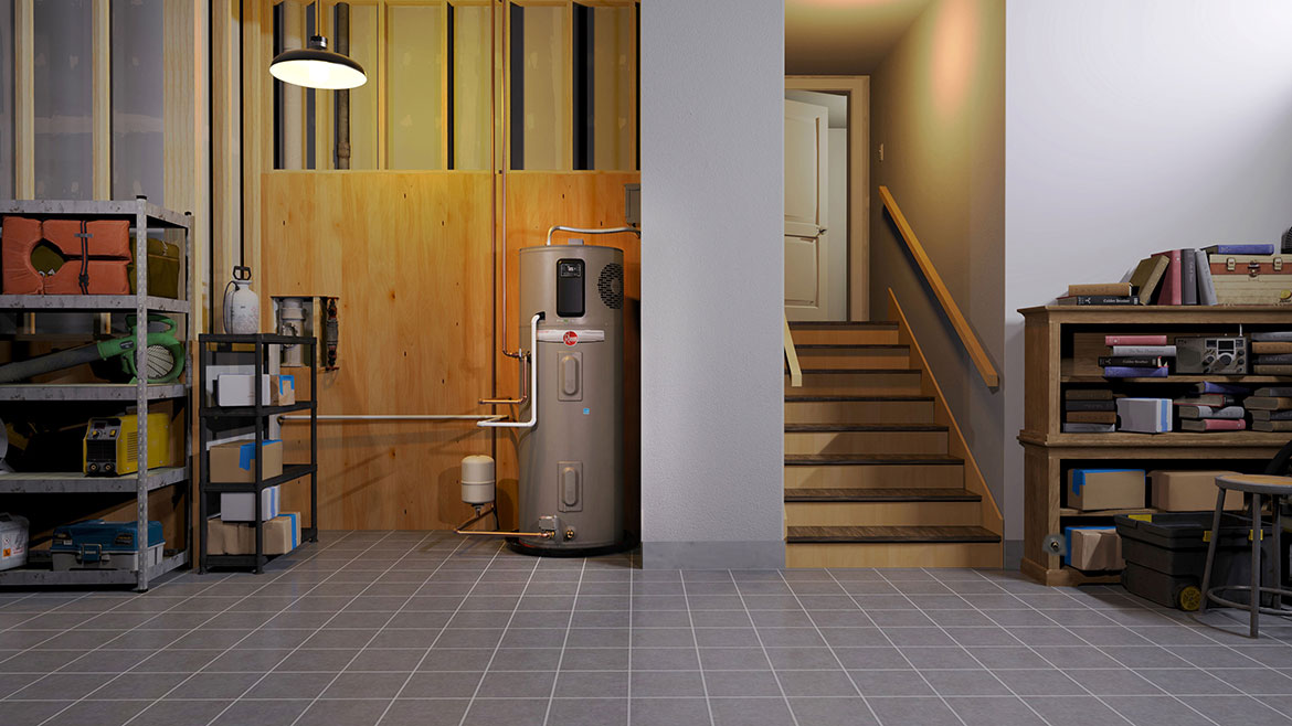 Rheem ProTerra Hybrid Gen5 water heater in the basement.