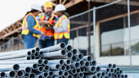 A stack of PVC pipes at a construction site, in the foreground. A group of construction workers are out of focus, having a meeting in the background.