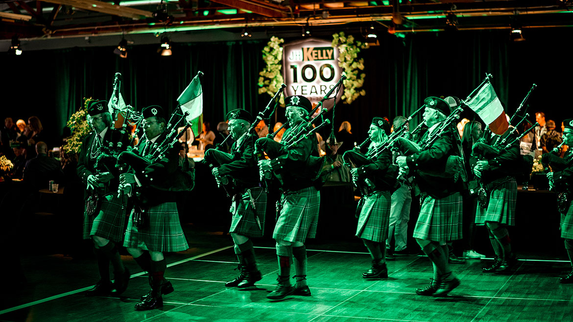 Scottish bagpipes performance at JH Kelly 100th anniversary celebration in 2023.