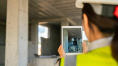 A female engineer using a digital tablet on a construction site.