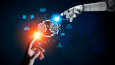 Robotic hand and human touch global virtual Icon representing the exchange of artificial intelligence brains with humans.