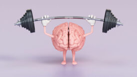 Cartoon Brain Lifting Weights on a Purple Background