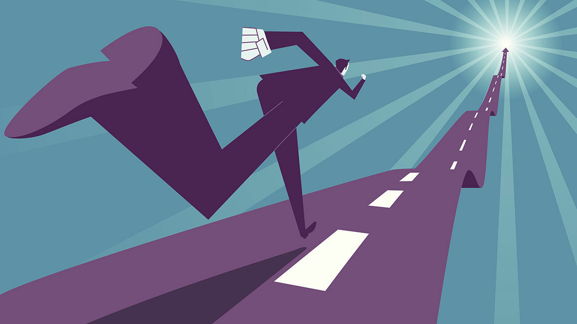 Abstract image of businessman running on a road.