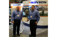 Navien's Brian Fenske and Eric Ashley with the company's award at the 2014 Comfortech in Nashville.